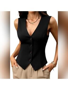 NWT ELLEVEN Stretchy Knit V Neck Sleeveless Button Down Vest Top, XS